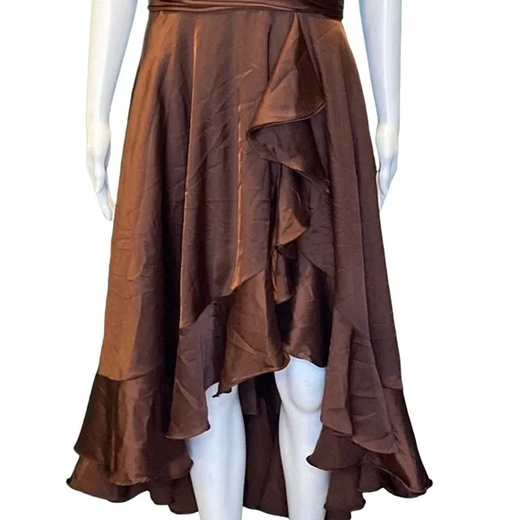 NWT Mac Duggal 49488 Brown Halter Neck Flower Detail Ruffled Midi Dress - Sz 8